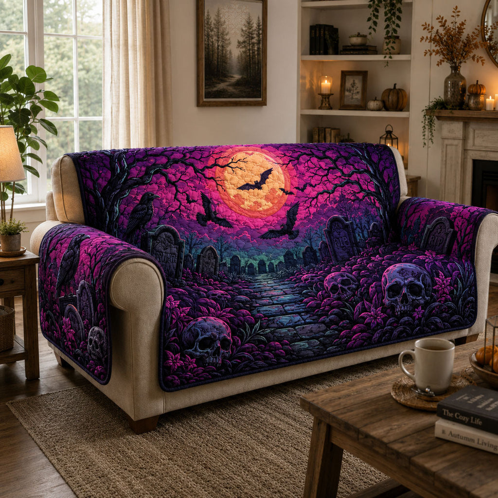 Violet Graveyard Moon Quilted Sofa Cover Fall Halloween Decor For Sofa Couch
