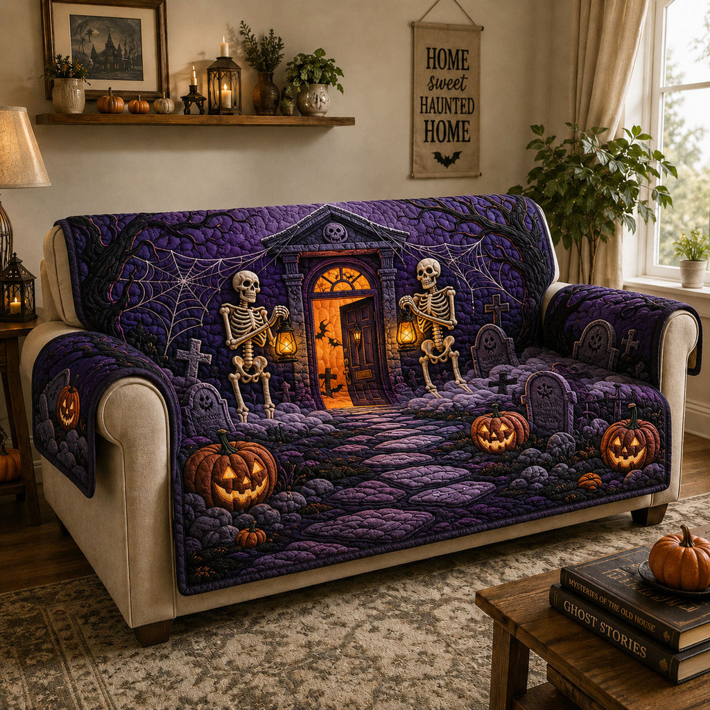 Skeleton Haunted Porch Quilted Sofa Cover Fall Halloween Decor For Sofa Couch