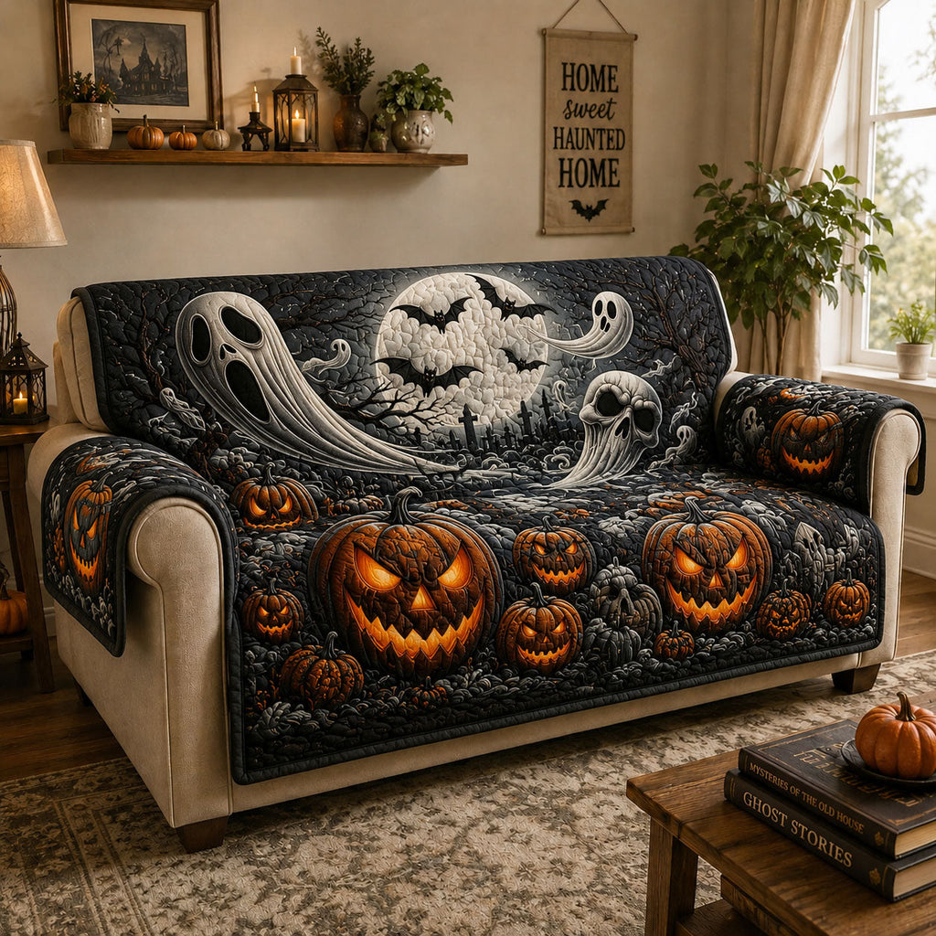 Ghostly Pumpkin Night Quilted Sofa Cover Fall Halloween Decor For Sofa Couch