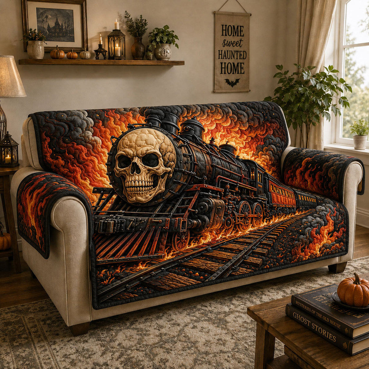 Skull Express Inferno Quilted Sofa Cover Fall Halloween Decor For Sofa Couch