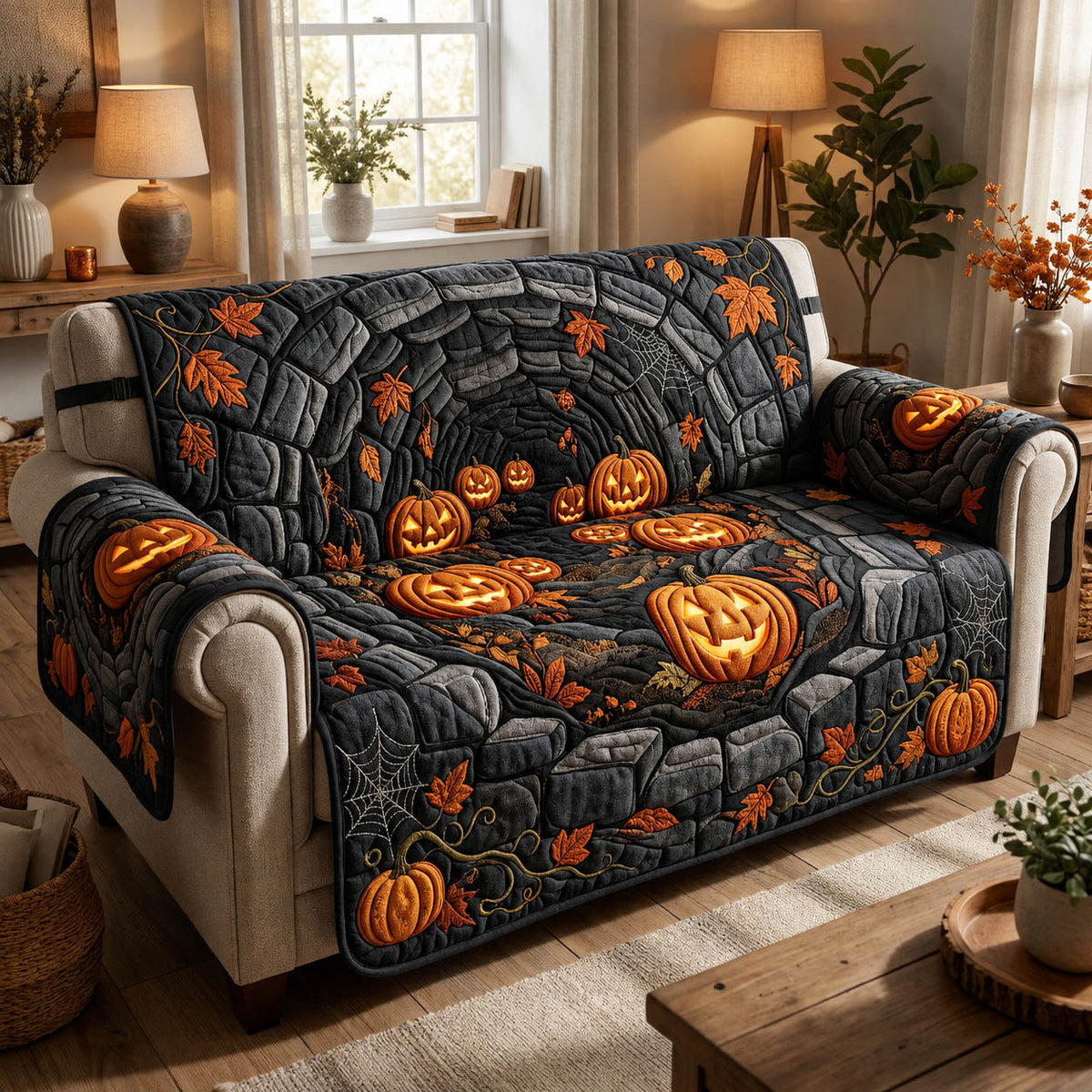 Halloween Pumpkin Quilted Sofa Cover Fall Halloween Decor For Sofa Couch