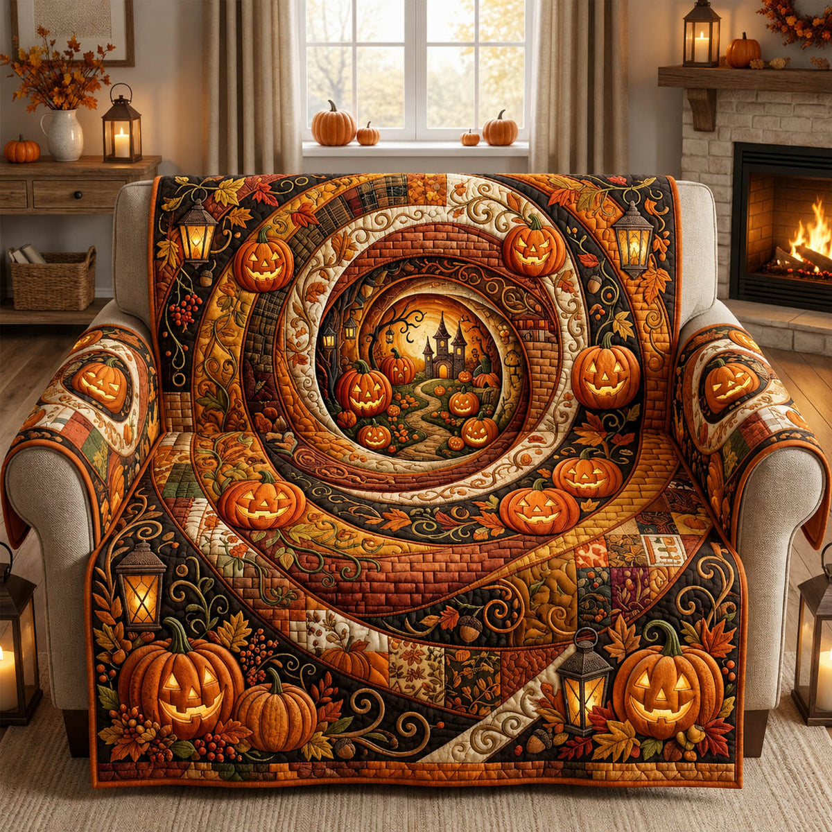 Halloween Pumpkin Wonderland Quilted Sofa Cover Fall Halloween Decor For Sofa Couch