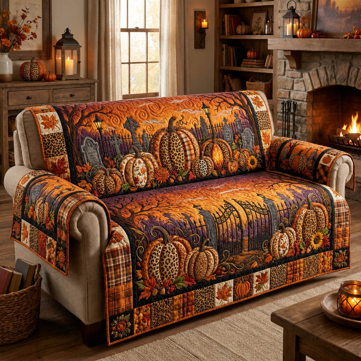 Halloween Pumpkin Harvest Quilted Sofa Cover Fall Halloween Decor For Sofa Couch
