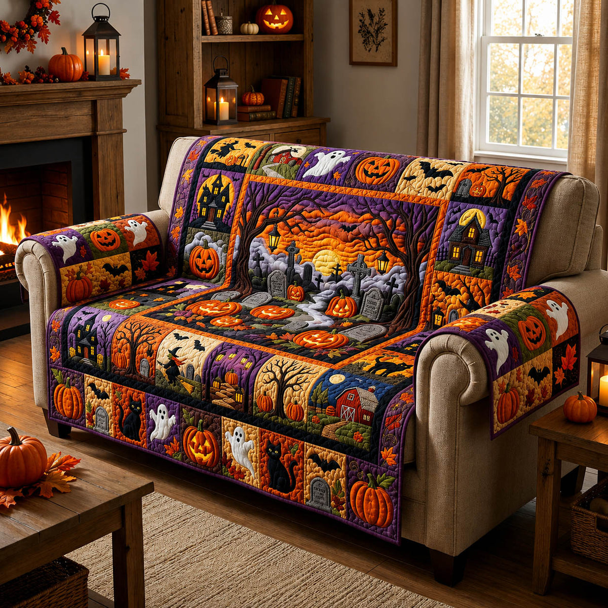 Halloween Pumpkin Patchwork Quilted Sofa Cover Fall Halloween Decor For Sofa Couch
