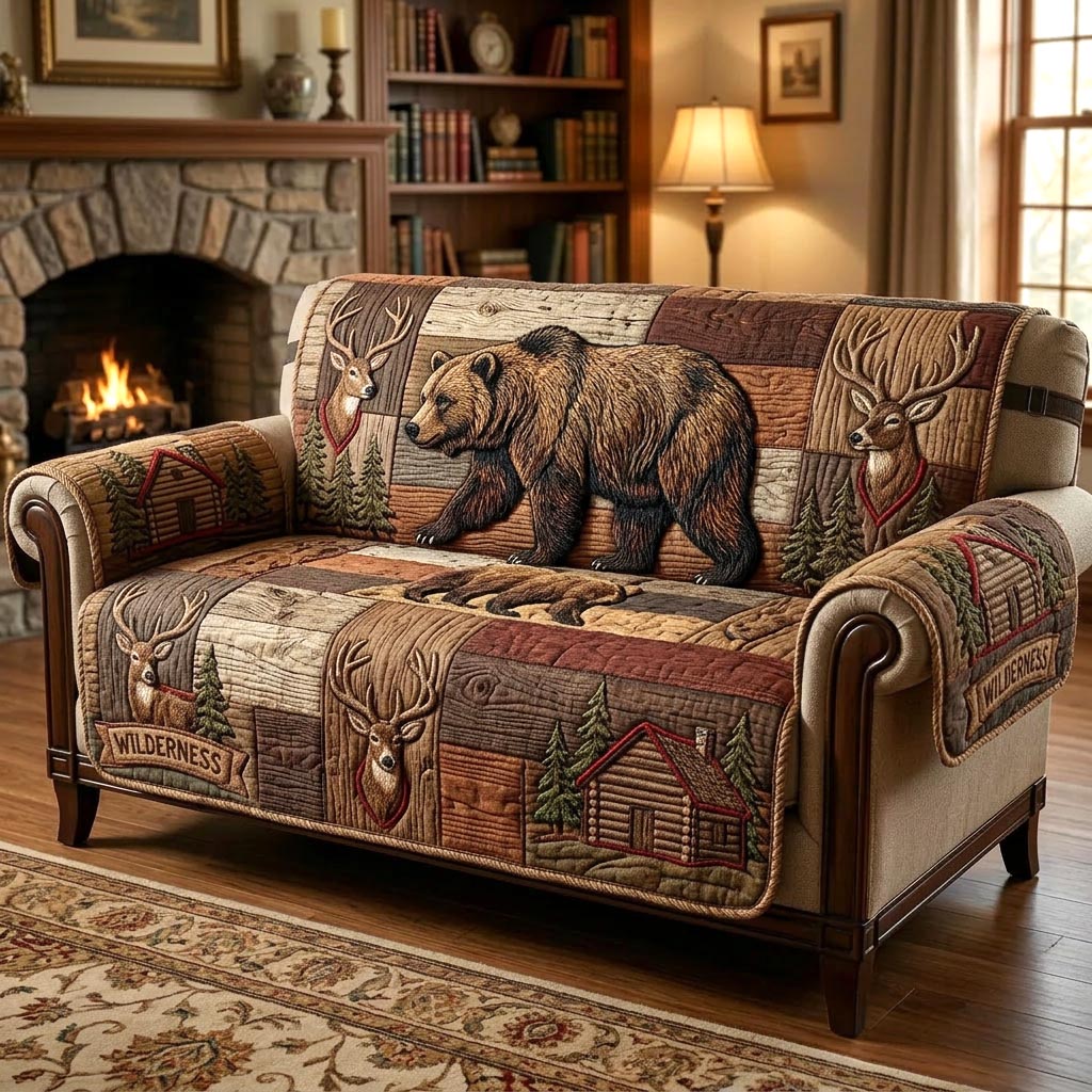 Lodge Bear Quilted Sofa Cover Fall Halloween Decor For Sofa Couch