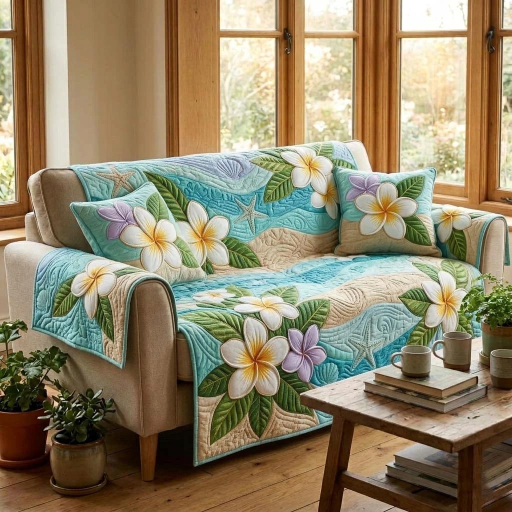 Gentle Plumeria Quilted Sofa Cover Fall Halloween Decor For Sofa Couch
