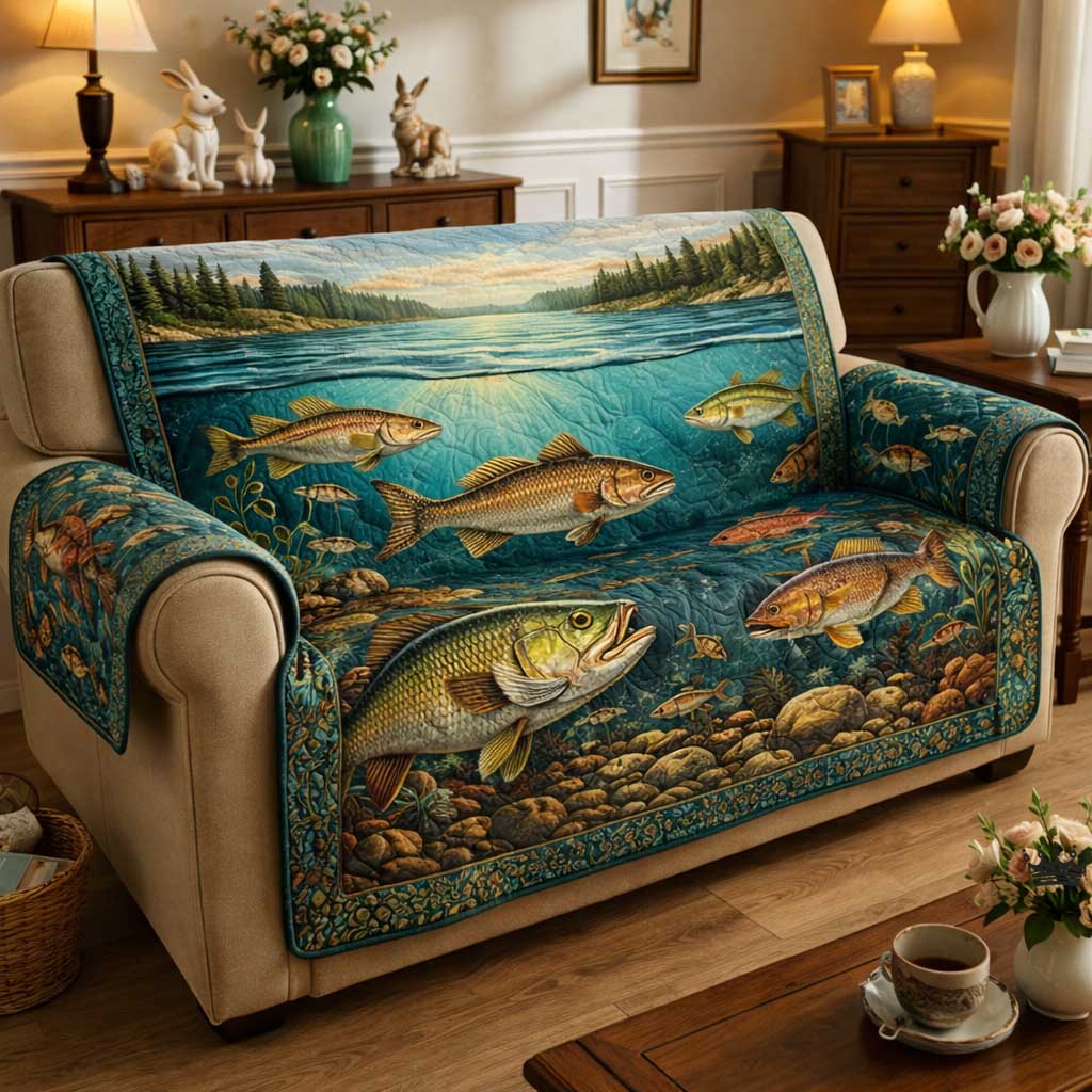 Fish Tales Quilted Sofa Cover Fall Halloween Decor For Sofa Couch