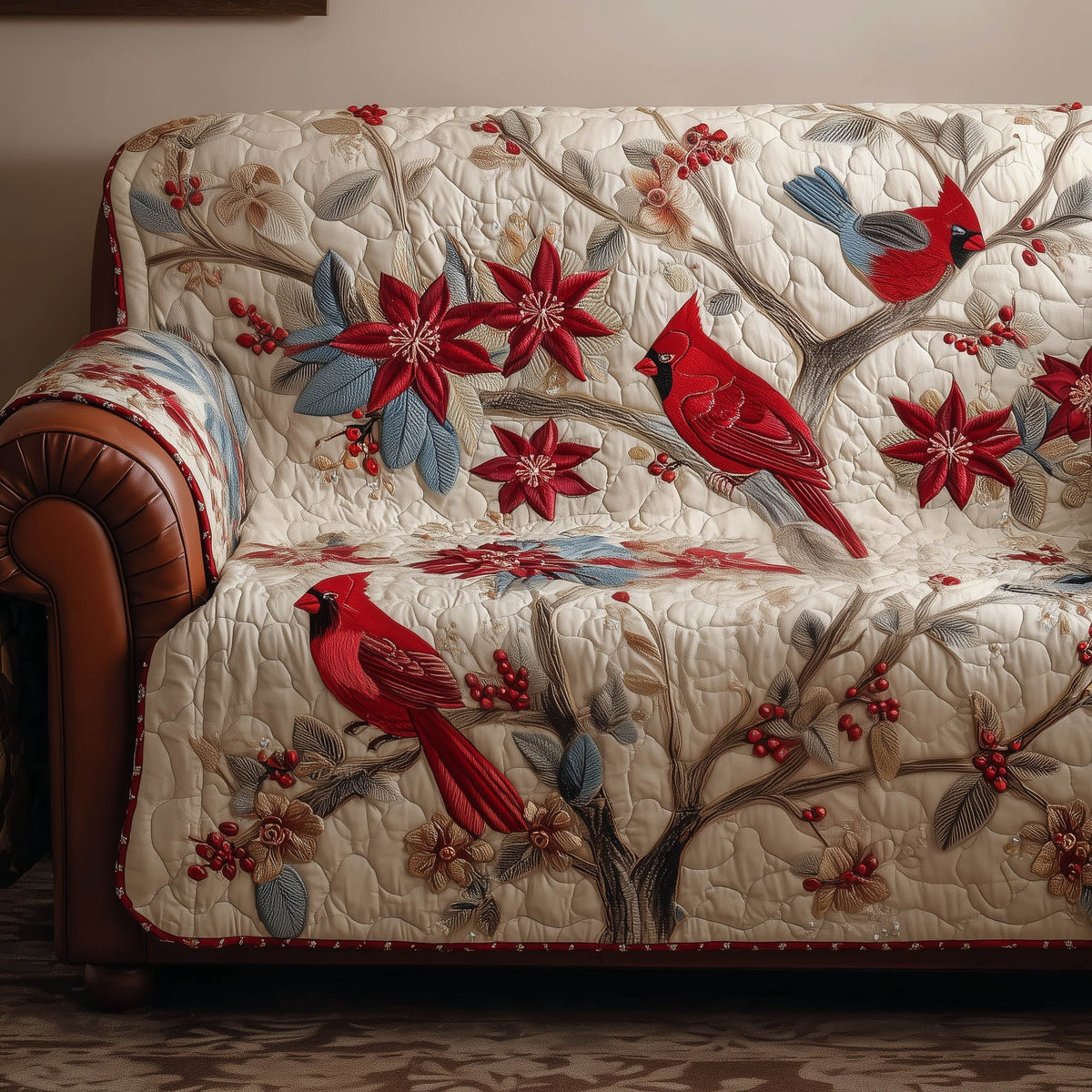 Festive Cardinal Quilted Sofa Cover Fall Halloween Decor For Sofa Couch