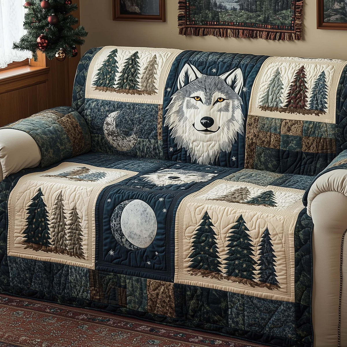 Lunar Wolf Quilted Sofa Cover Fall Halloween Decor For Sofa Couch
