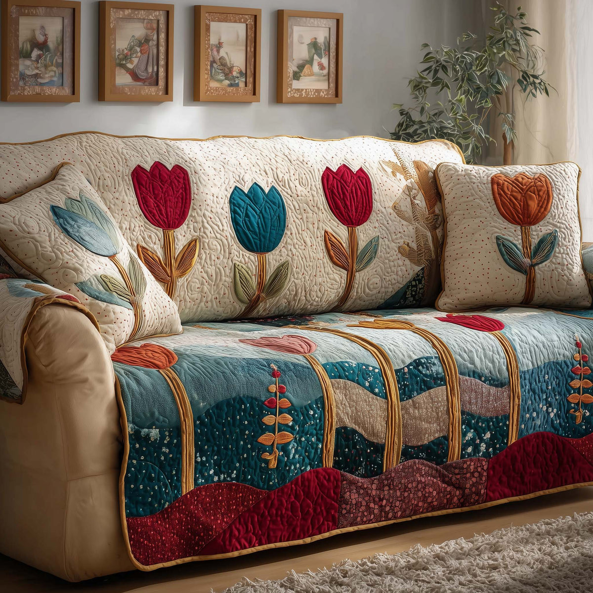 Tulip Garden Quilted Sofa Cover Fall Halloween Decor For Sofa Couch