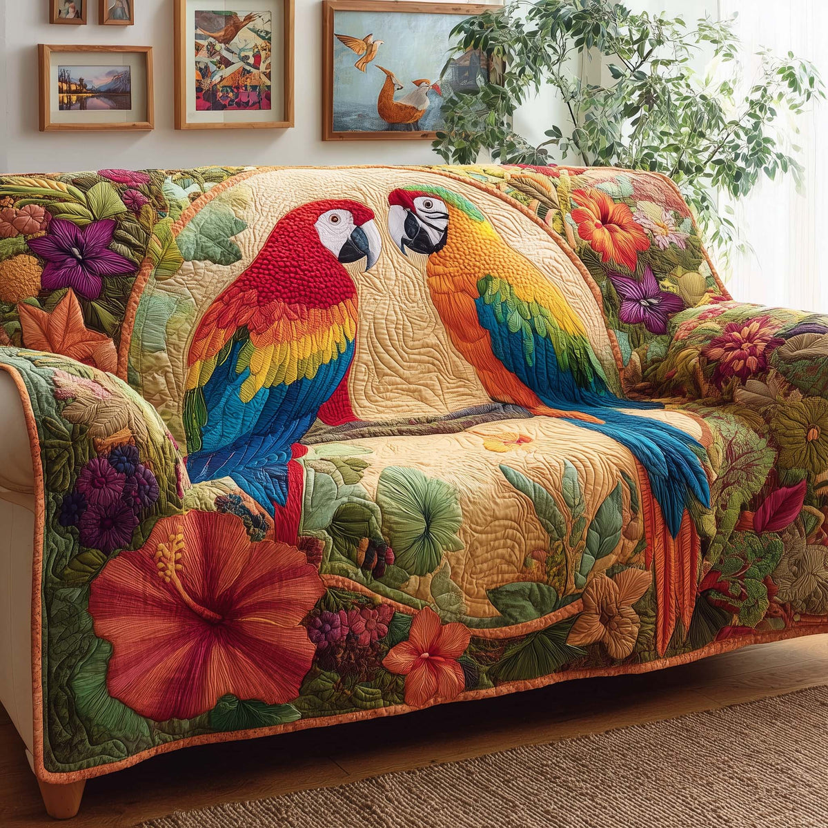 Tropical Parrots Quilted Sofa Cover Fall Halloween Decor For Sofa Couch