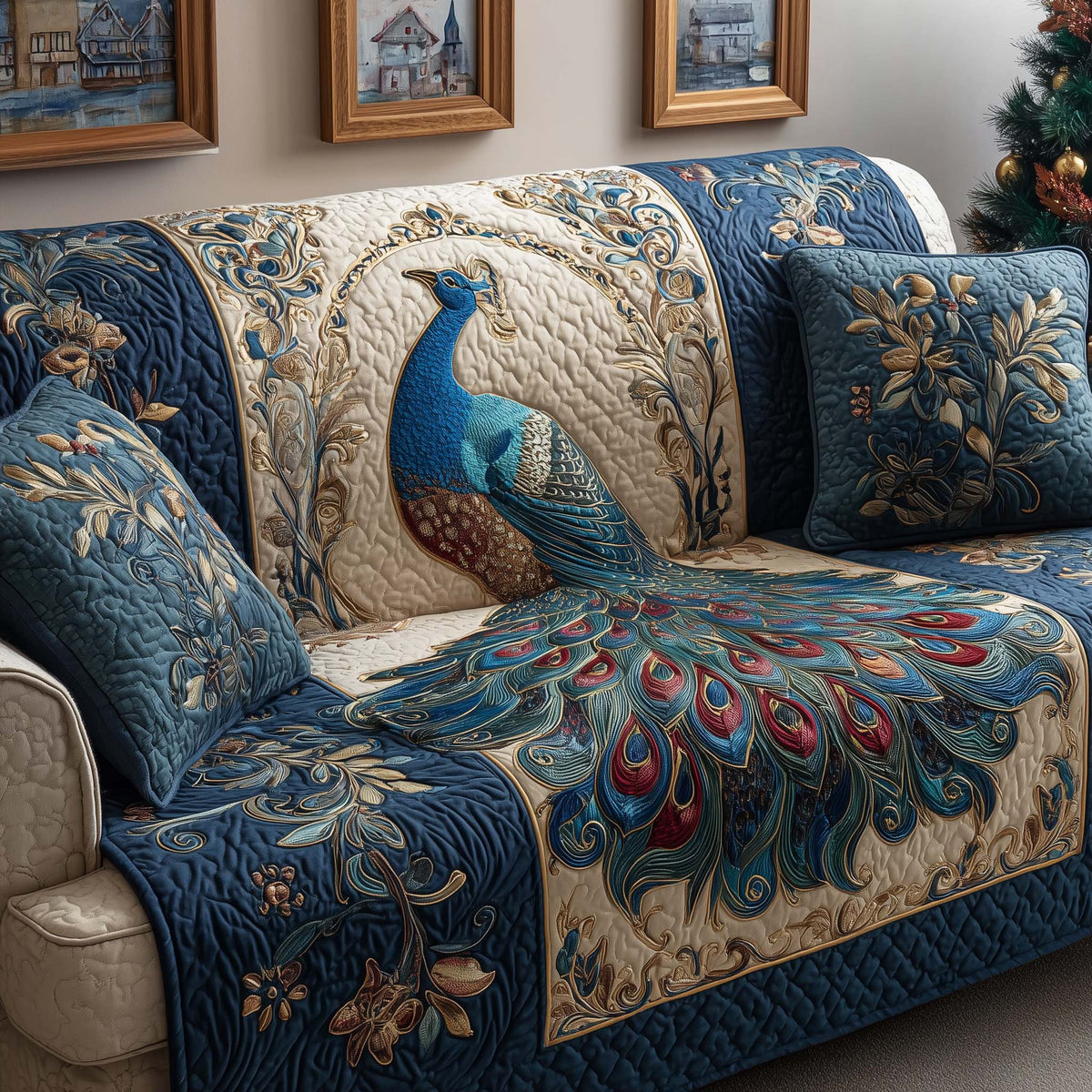 Regal Peacock Quilted Sofa Cover Fall Halloween Decor For Sofa Couch