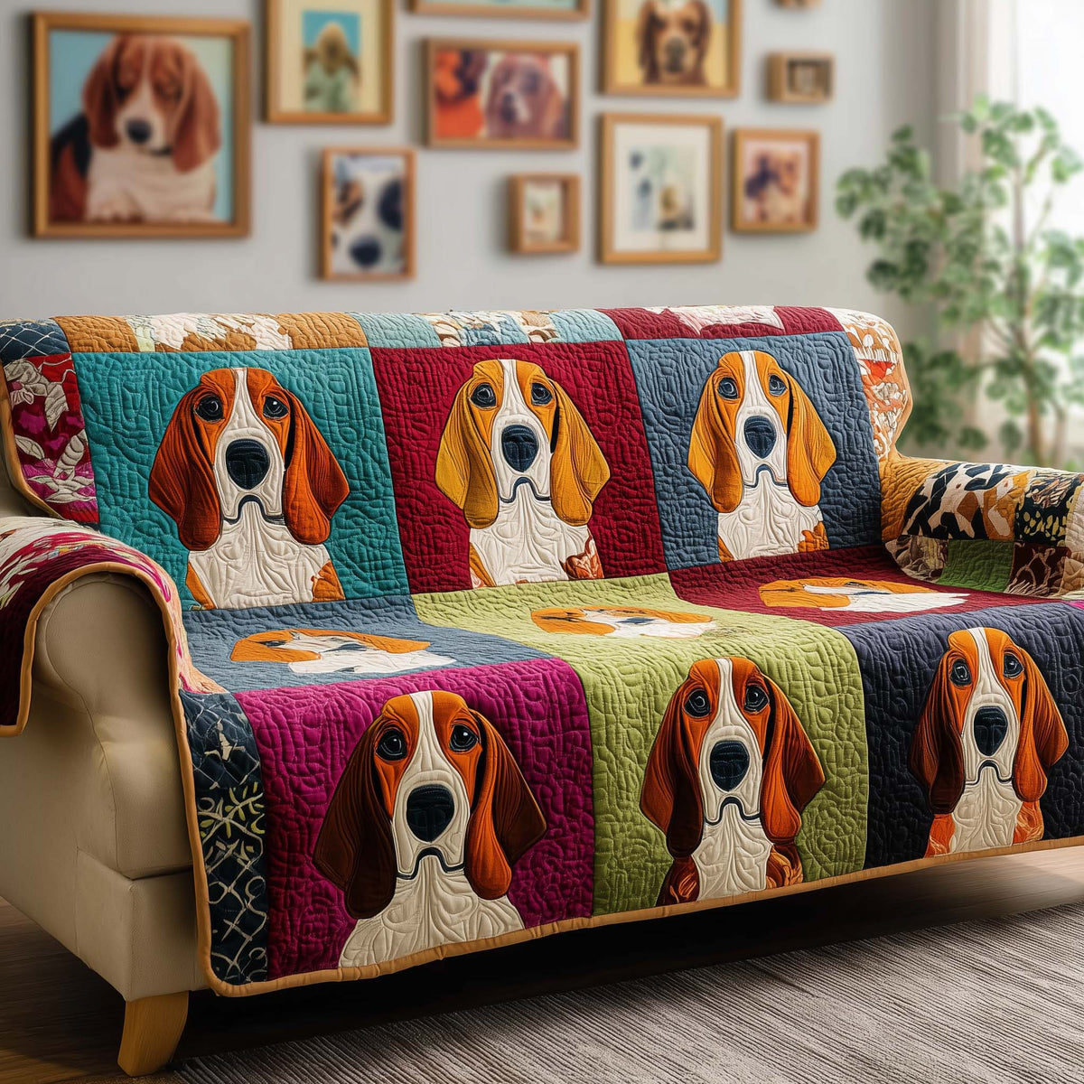 Colorful Basset Quilted Sofa Cover Fall Halloween Decor For Sofa Couch