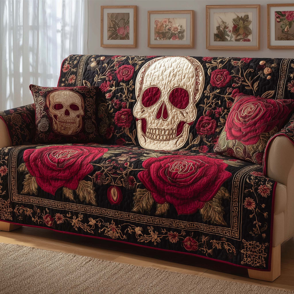 Rose Skull Quilted Sofa Cover Fall Halloween Decor For Sofa Couch