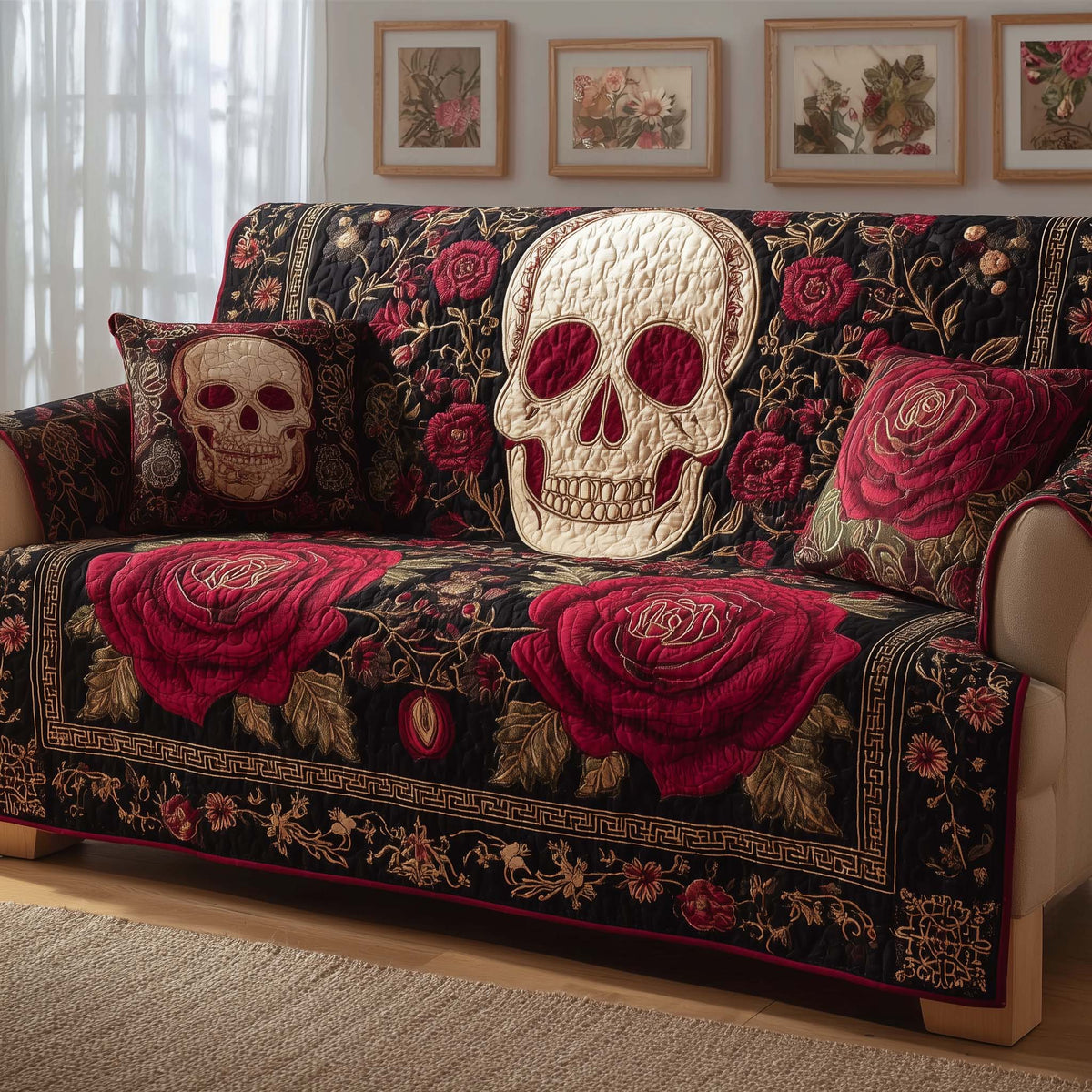 Rose Skull Quilted Sofa Cover Fall Halloween Decor For Sofa Couch