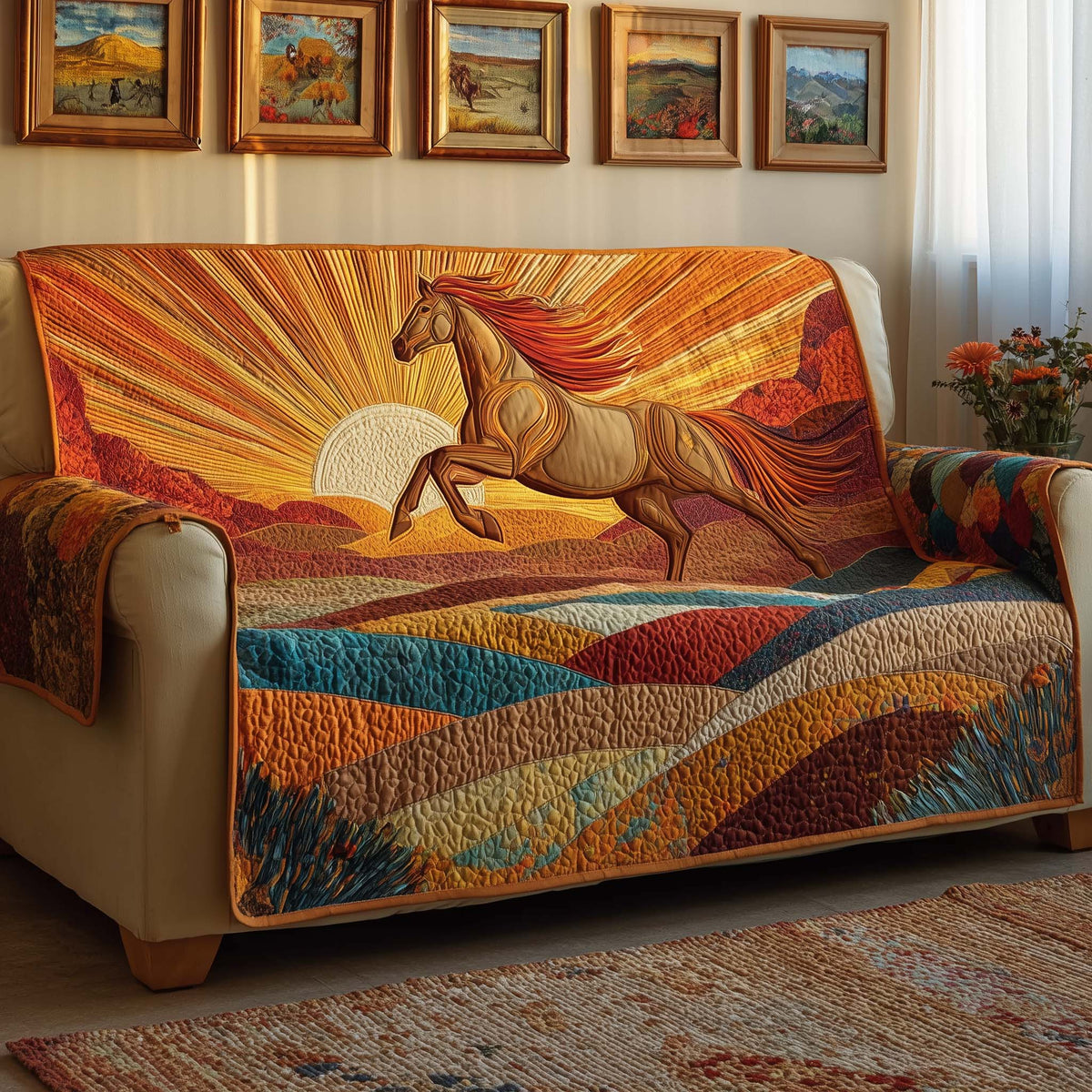 Sunrise Gallop Quilted Sofa Cover Fall Halloween Decor For Sofa Couch