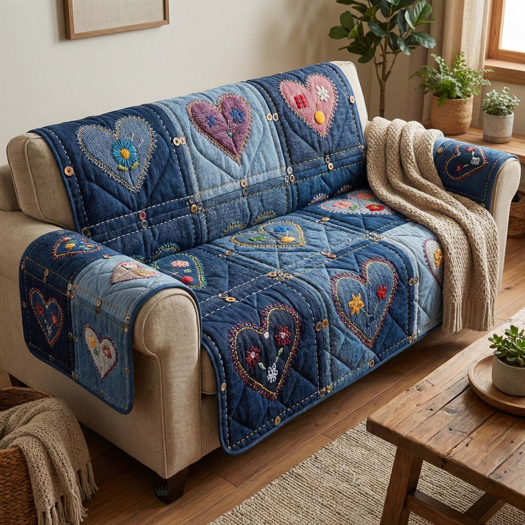 Denim Hearts Quilted Sofa Cover Fall Halloween Decor For Sofa Couch