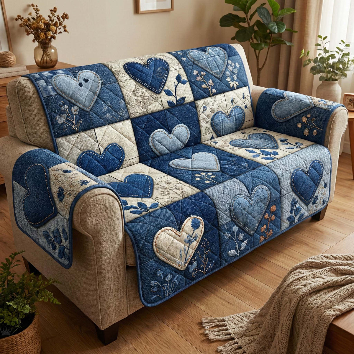 Blue Patchwork Quilted Sofa Cover Fall Halloween Decor For Sofa Couch