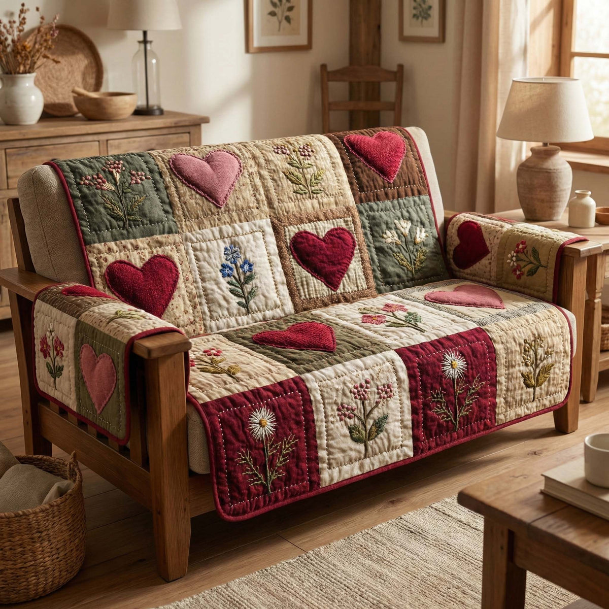 Rustic Hearts Quilted Sofa Cover Fall Halloween Decor For Sofa Couch