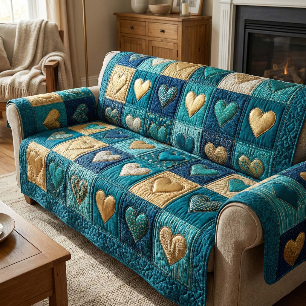 Teal Hearts Quilted Sofa Cover Fall Halloween Decor For Sofa Couch