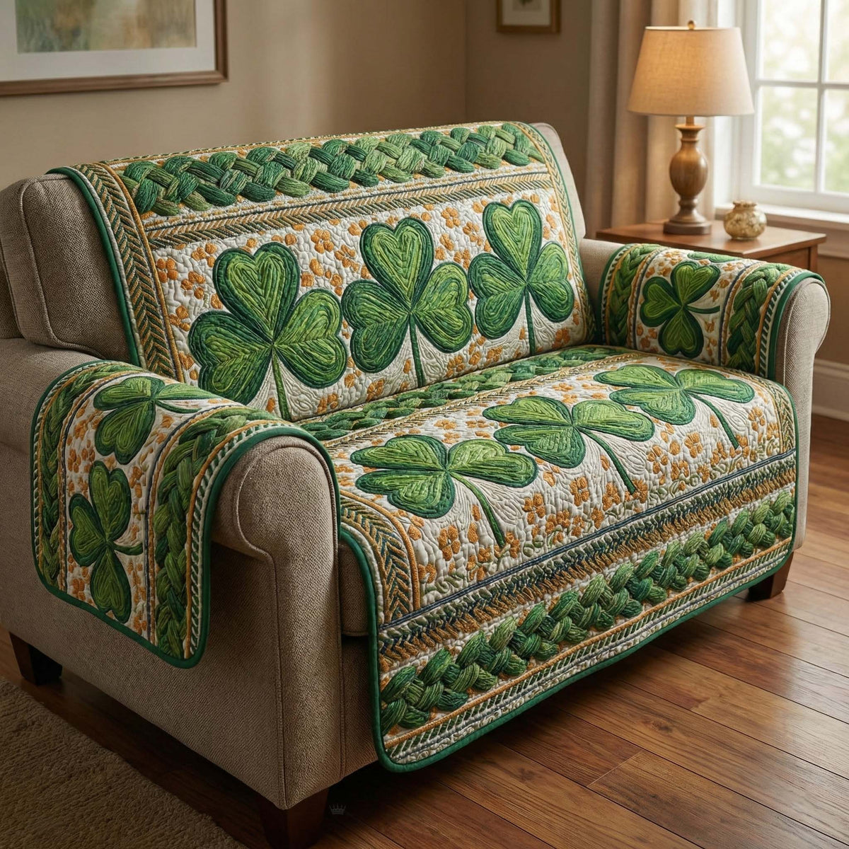 Golden Clover Quilted Sofa Cover Fall Halloween Decor For Sofa Couch