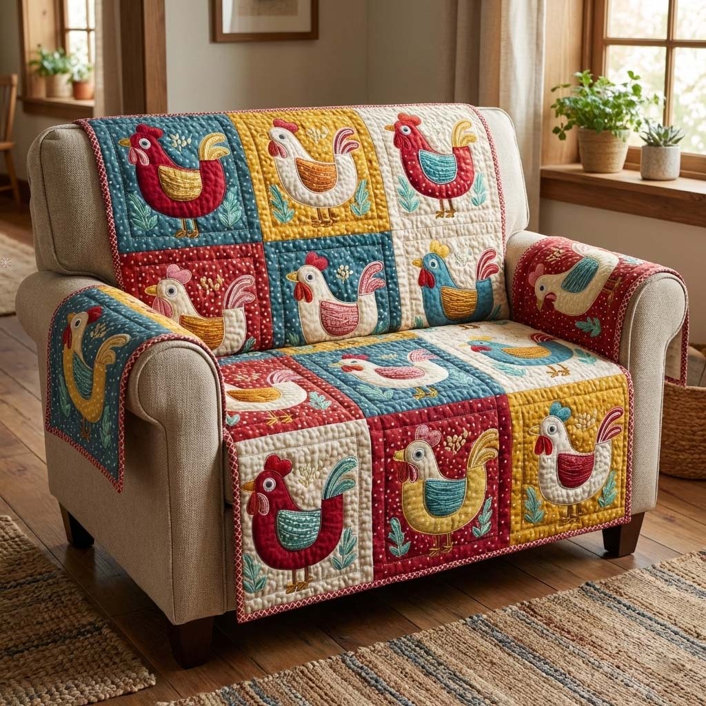 Folk Chickens Quilted Sofa Cover Fall Halloween Decor For Sofa Couch