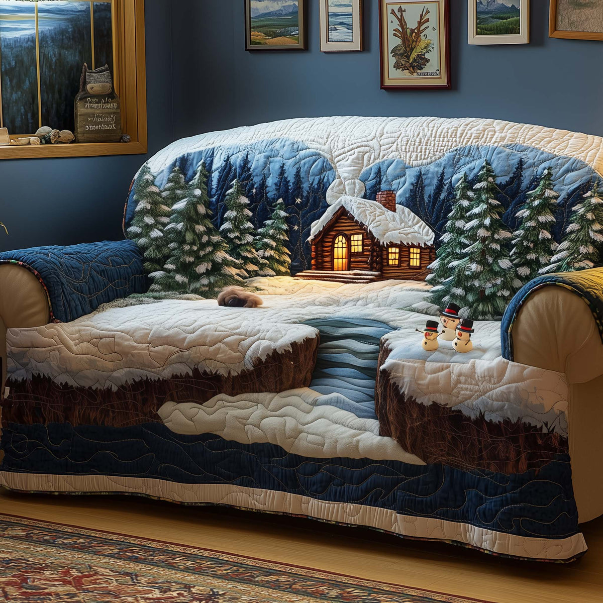 Cabin Snowmen Quilted Sofa Cover Fall Halloween Decor For Sofa Couch