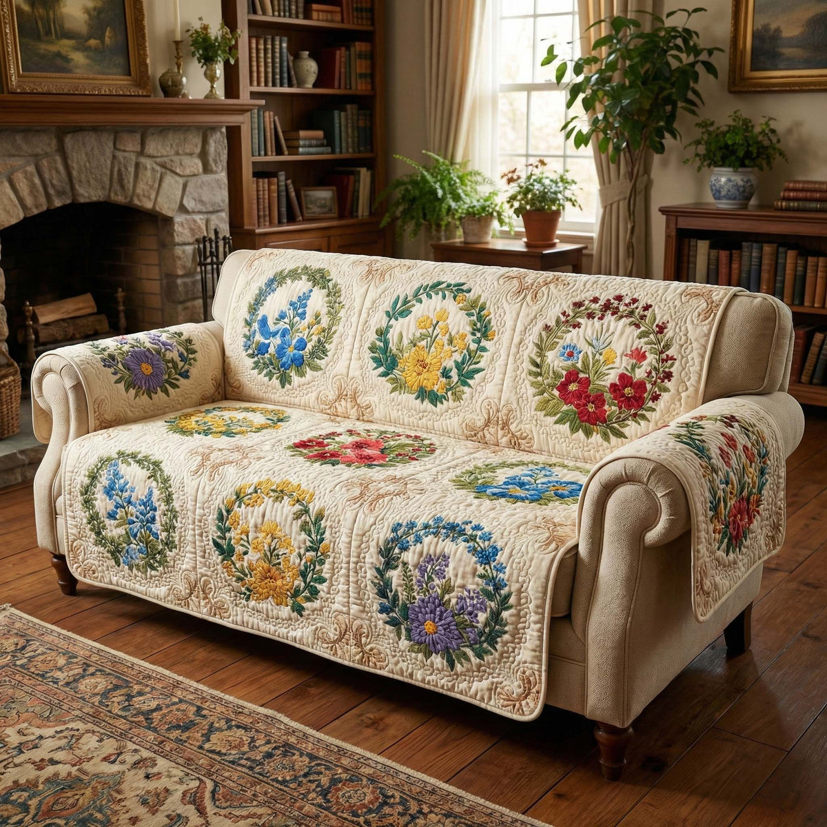 Vintage Wreath Bloom Quilted Sofa Cover Fall Halloween Decor For Sofa Couch