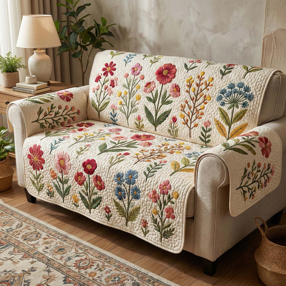 Botanical Meadow Quilted Sofa Cover Fall Halloween Decor For Sofa Couch