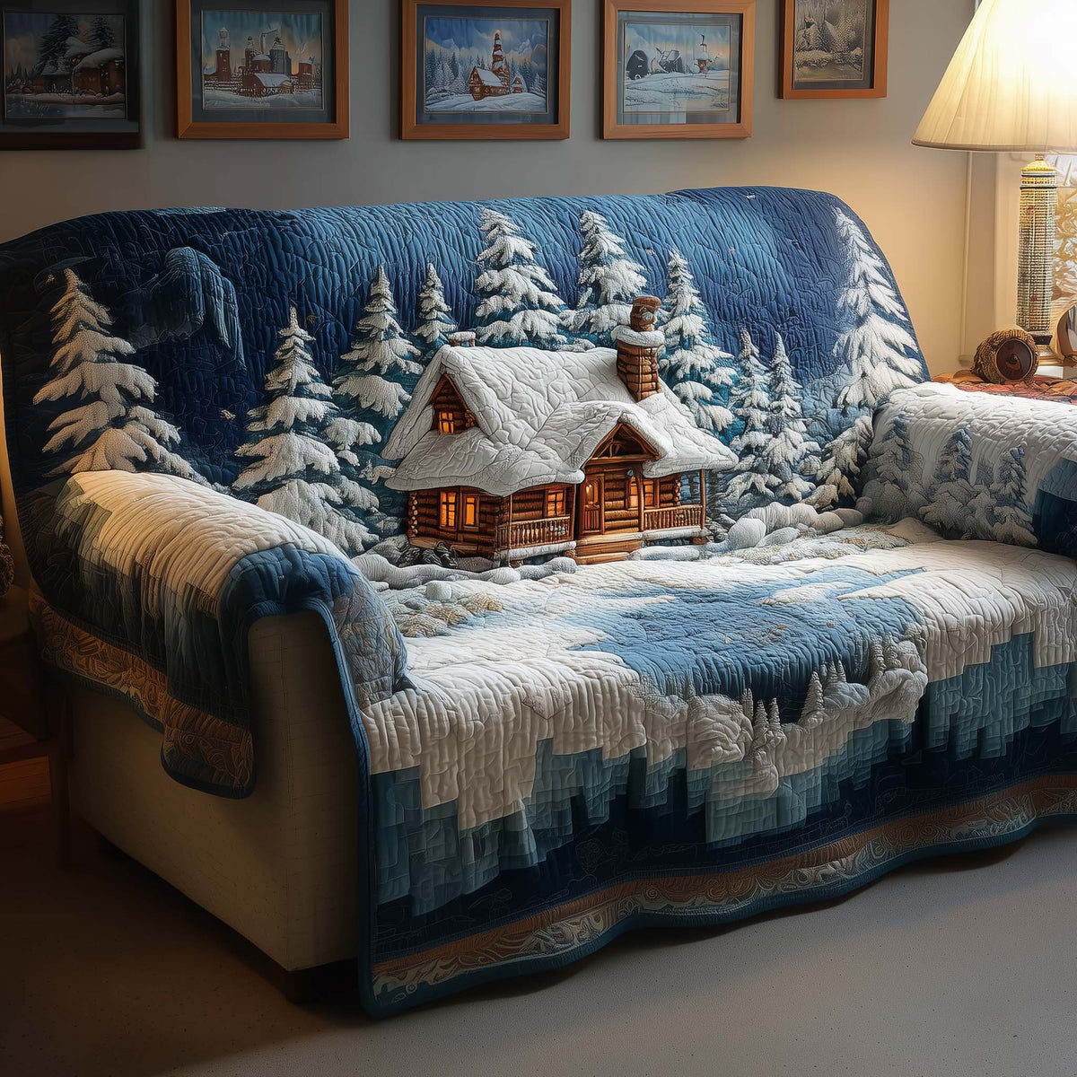 Snowy Cabin Quilted Sofa Cover Fall Halloween Decor For Sofa Couch