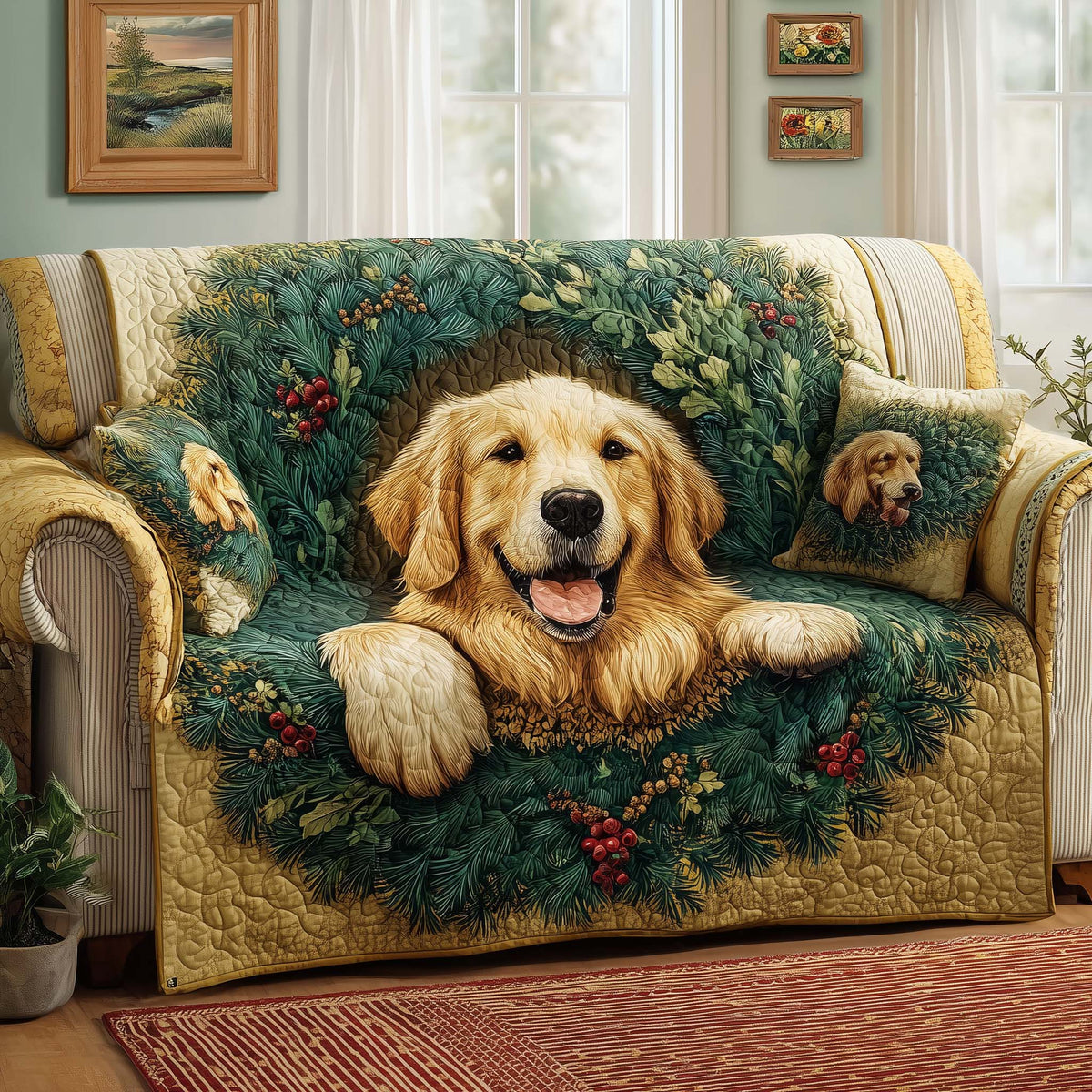 Golden Wreath Quilted Sofa Cover Fall Halloween Decor For Sofa Couch