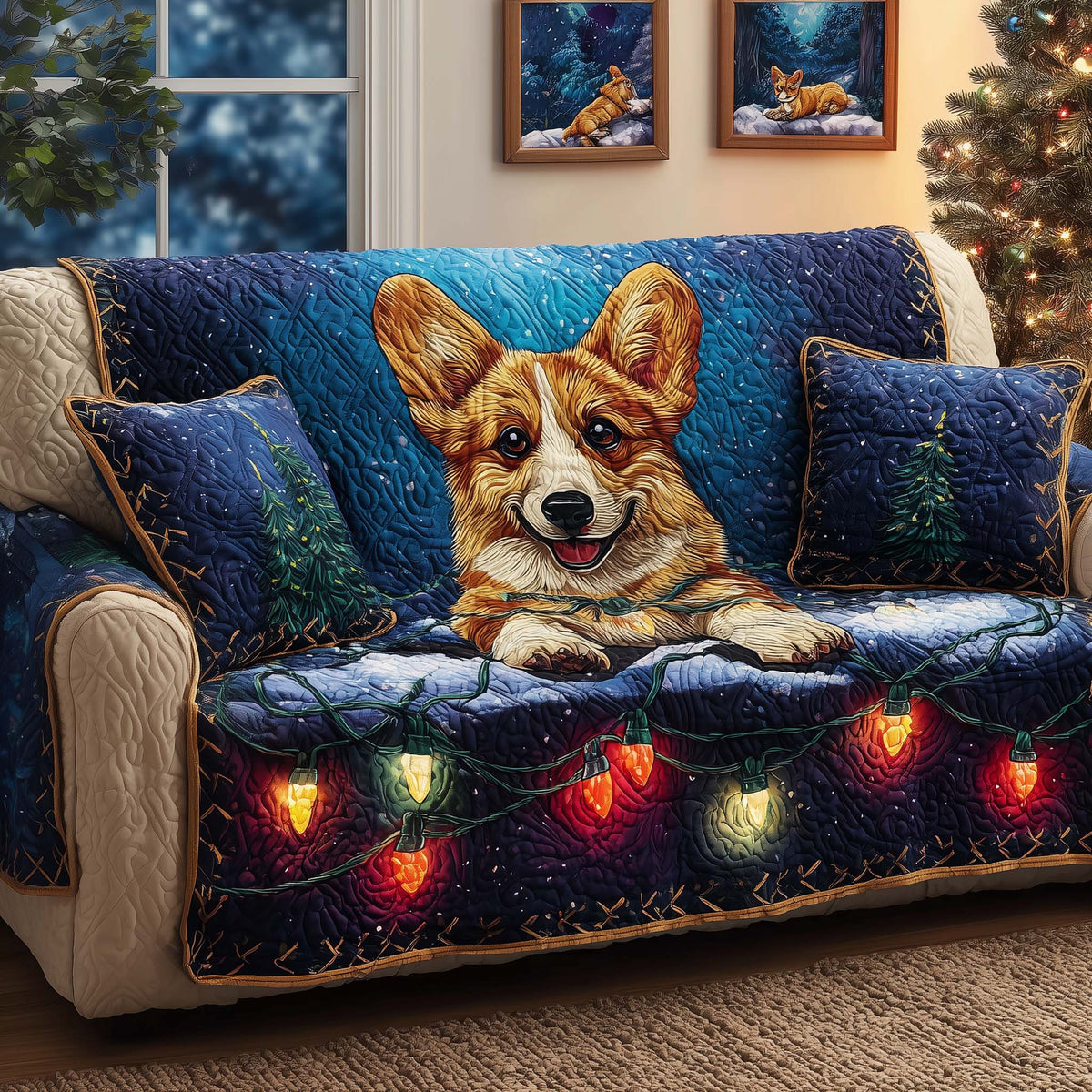 Corgi Lights Quilted Sofa Cover Fall Halloween Decor For Sofa Couch