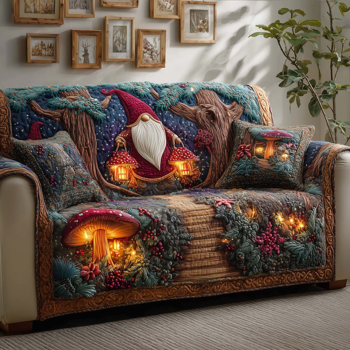 Forest Gnome Quilted Sofa Cover Fall Halloween Decor For Sofa Couch