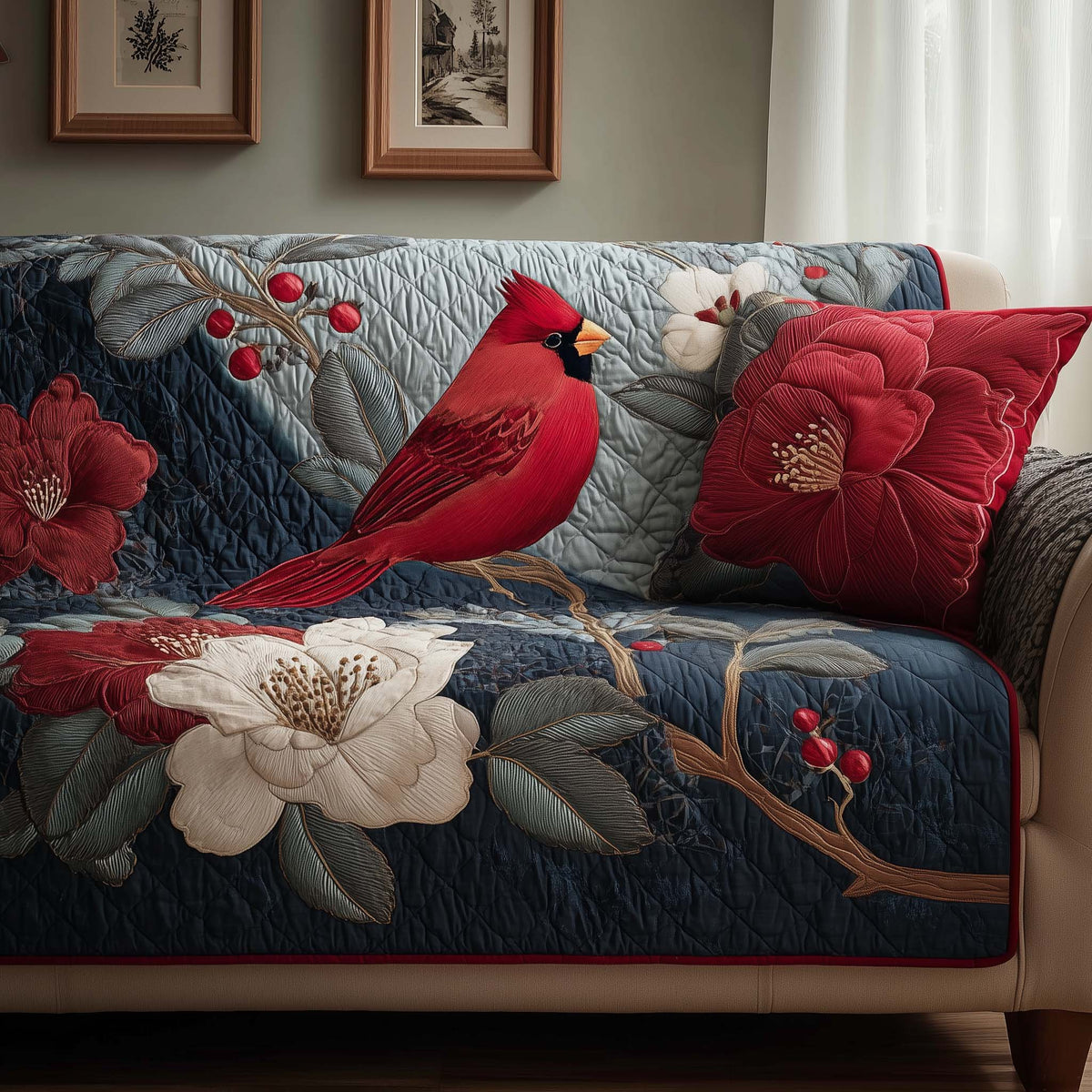 Ruby Cardinal Quilted Sofa Cover Fall Halloween Decor For Sofa Couch