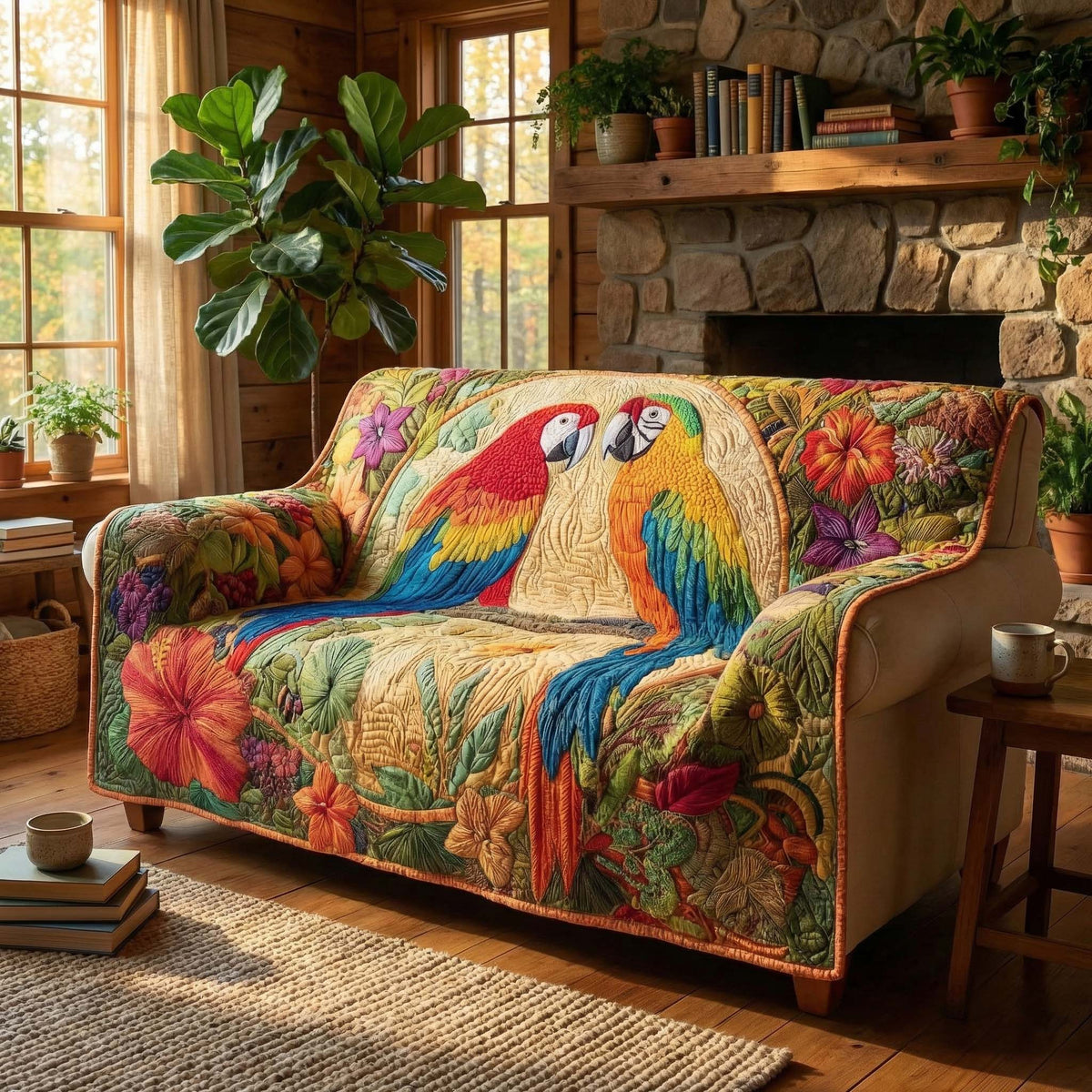 Tropical Parrots Quilted Sofa Cover Fall Halloween Decor For Sofa Couch