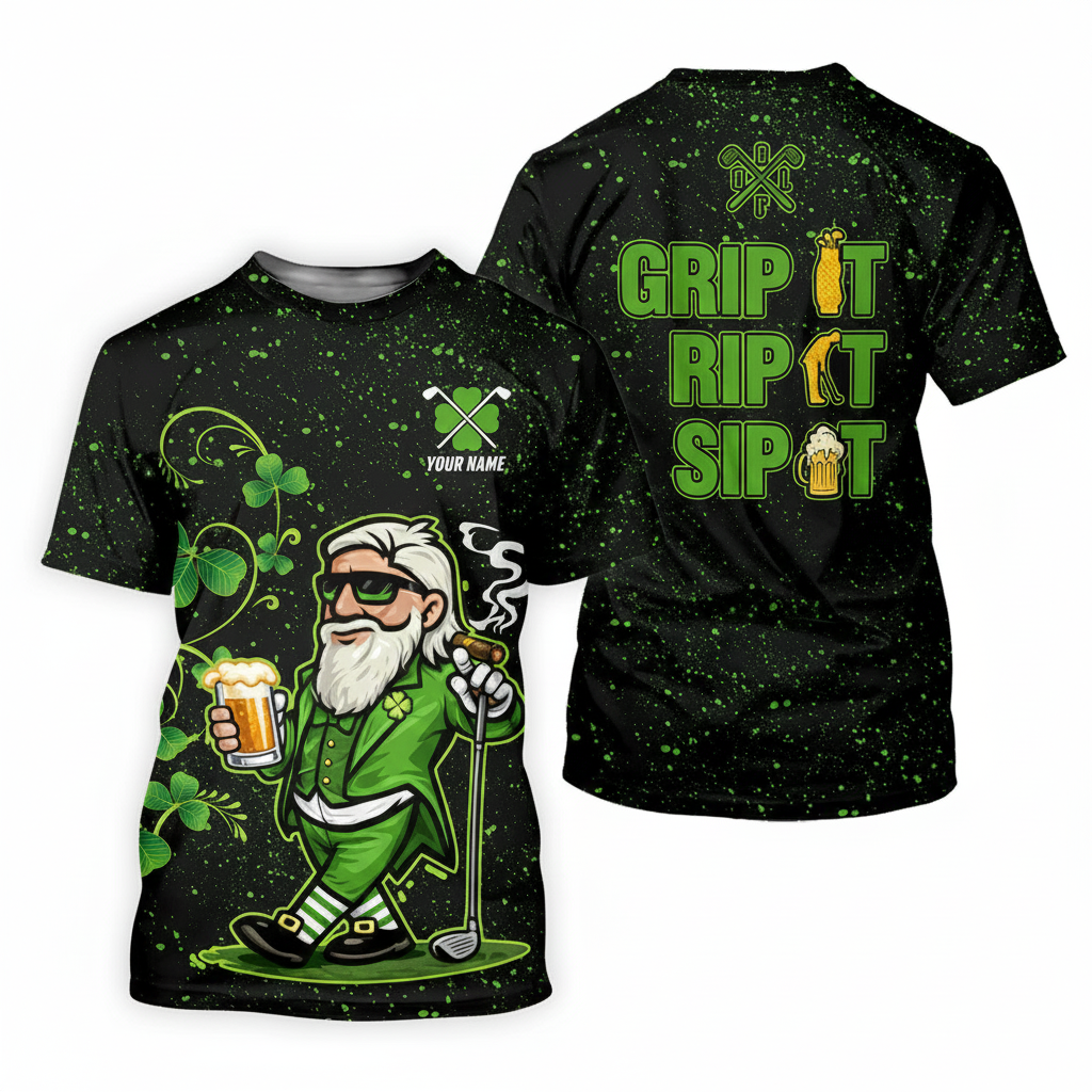 Personalized Grip It Rip It Sip It St Patrick's Day Leprechaun Golf And Beer Shamrock Golf Shirt, Custom Name