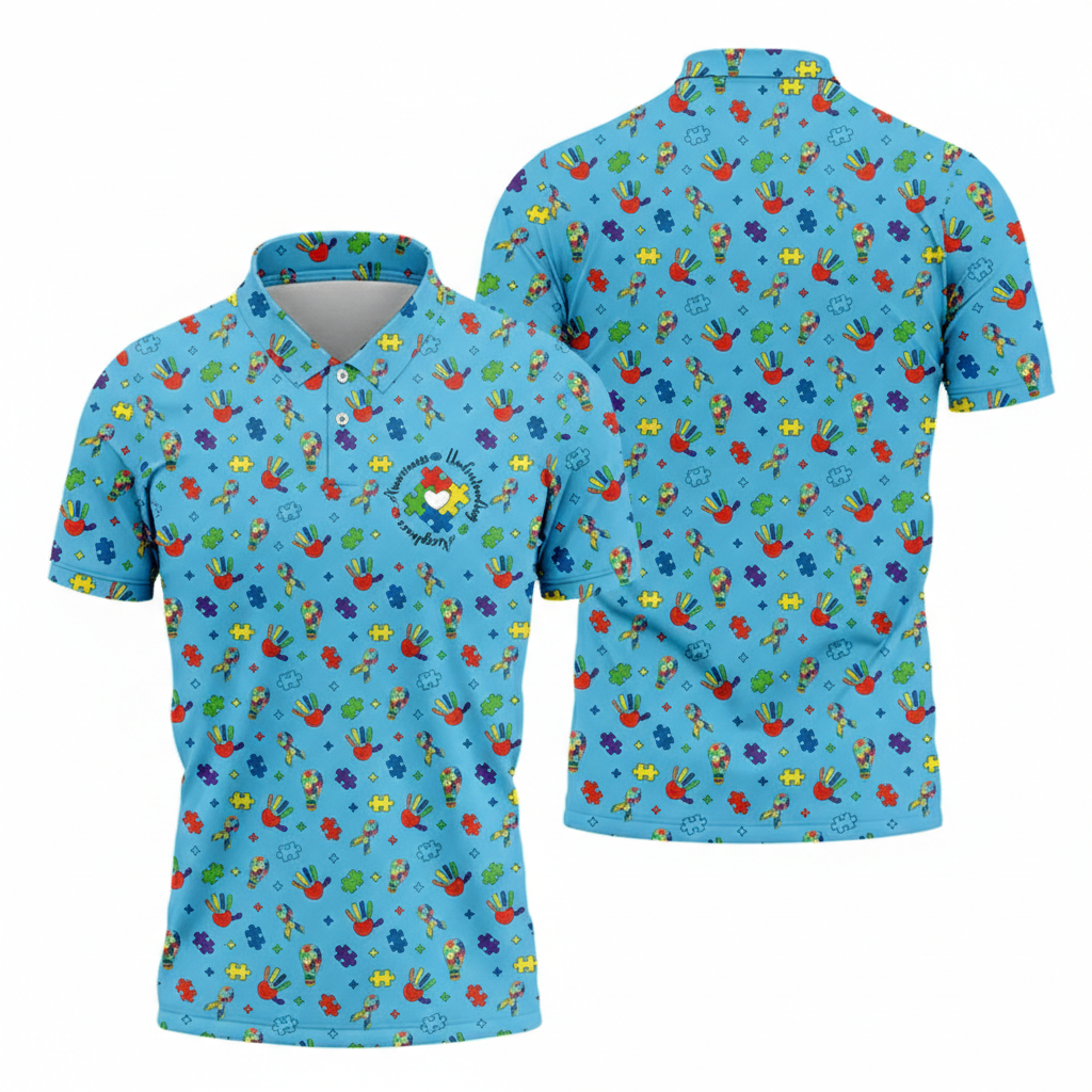Awareness Understanding Acceptance Autism Ribbon Blue Golf Shirt, Autism Awareness Colors Golf Shirts For Men