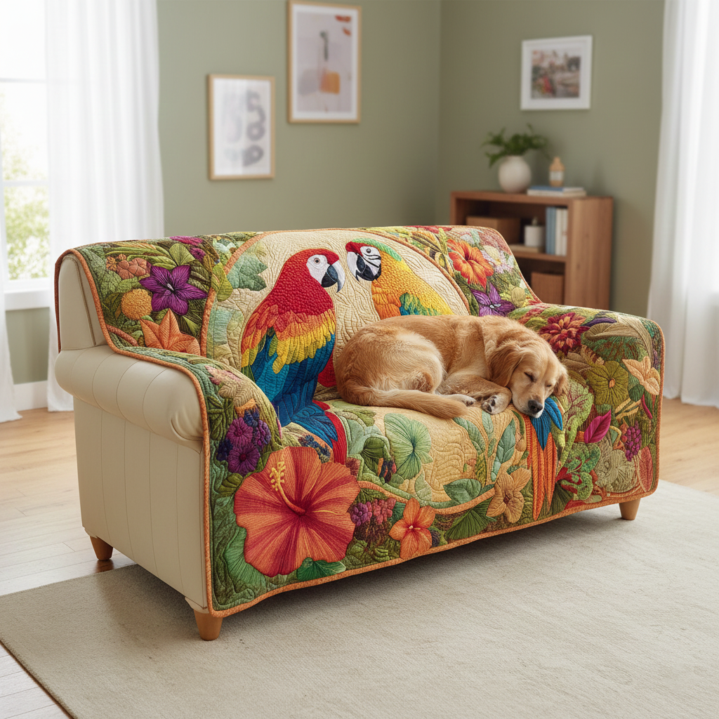 Tropical Parrots Quilted Sofa Cover Fall Halloween Decor For Sofa Couch