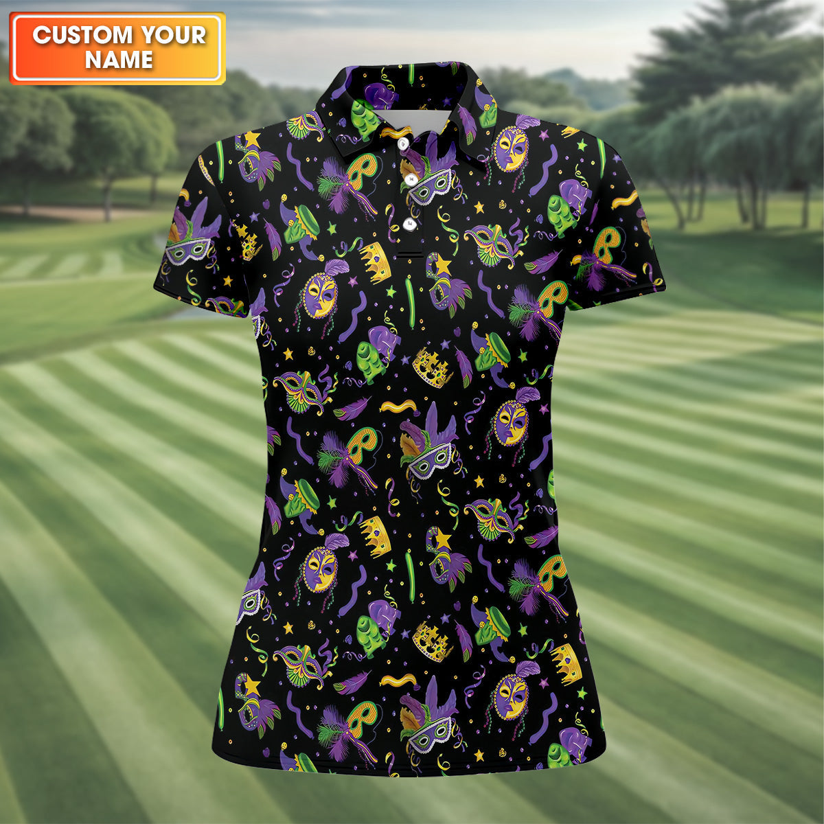 Mardi Gras Pattern Black Golf Polo Shirt, Ladies Sleeveless Tops, Ladies Golf Polos, Golfing Apparel