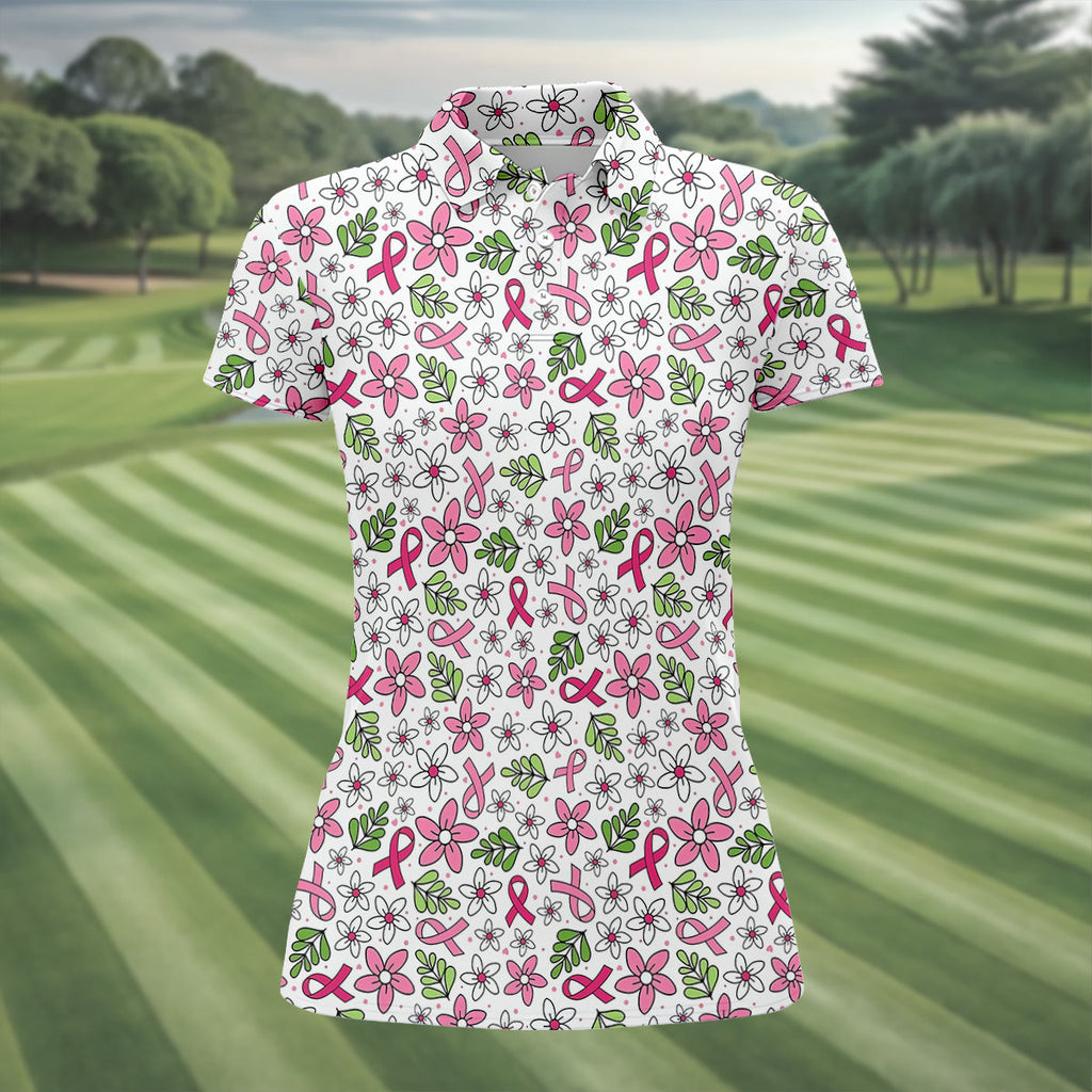Breast Cancer Awareness Ribbon Floral Golf Shirt, Cancer Awareness Shirt, Ladies Golf Polos
