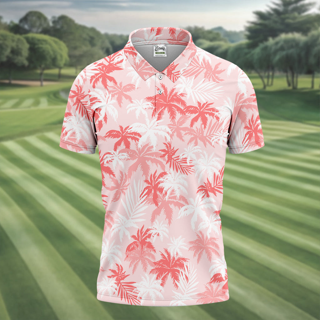 Palm Leaves Print Tropical Pink Golf Tops For Men, Hawaiian Golf Shirts, Polo Shirts For Men