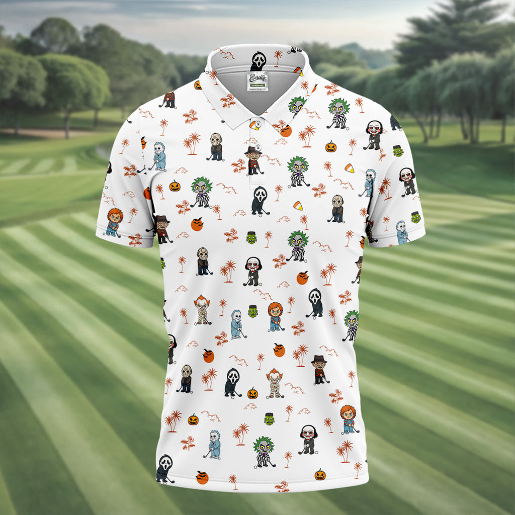Horror Halloween Character Tropical Golf Shirt, Halloween Polo Shirt Mens White Polo, Golfing Apparel