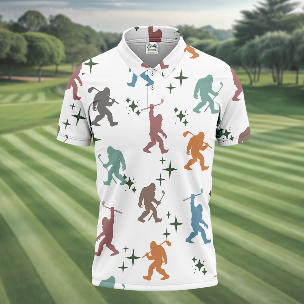 Colorful Bigfoot Silhouette Pattern Men's Funny Golf Shirts, Unique Gift For Golfer, Polo For Men