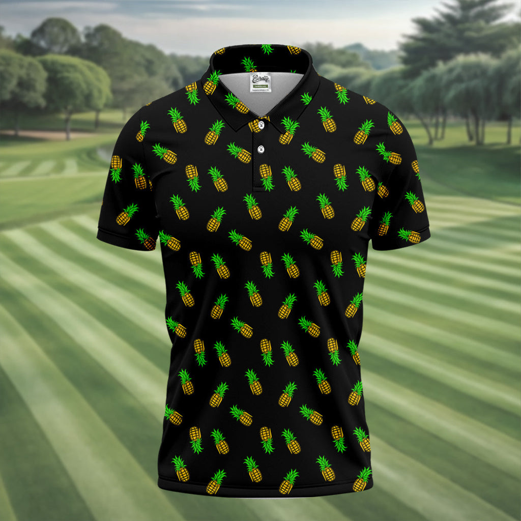 Pineapple Grenade Black And Yellow Golf Tops For Men, Men Polo, Golf Gift For Men, Golfing Apparel