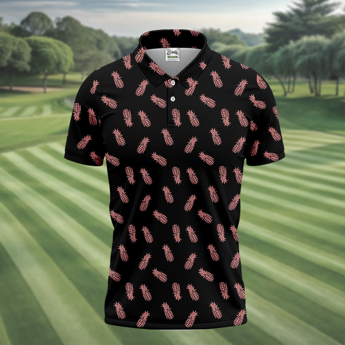 Pineapple Grenade Black And Pink Golf Tops For Men, Men Polo, Golf Gift For Men