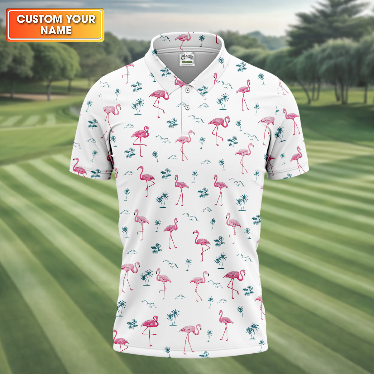 Flamingo Tropical White Polo Shirt, Summer Polo Shirt Unique Gift For Golfer