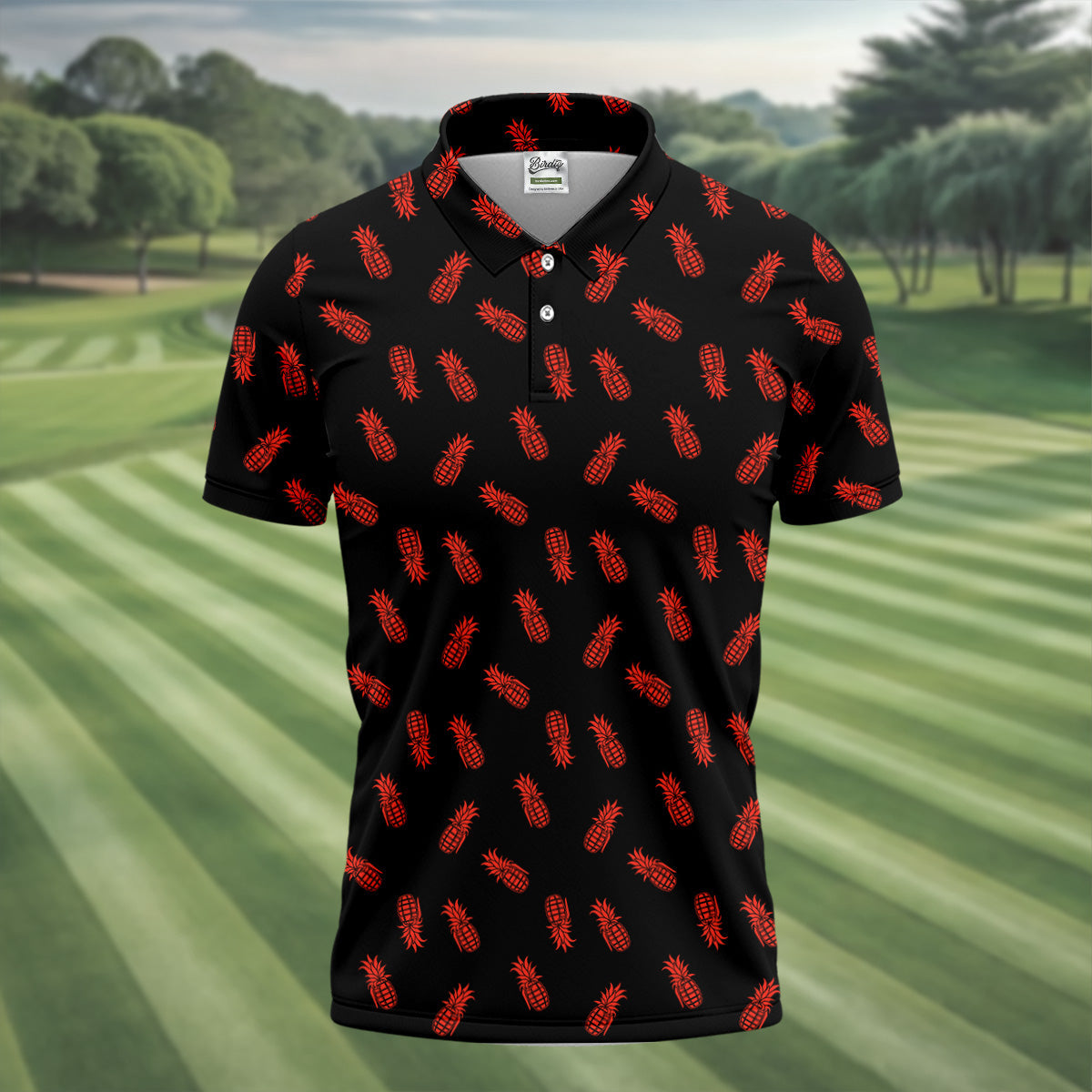 Pineapple Grenade Black And Red Golf Tops For Men, Men Polo, Golf Gift For Men