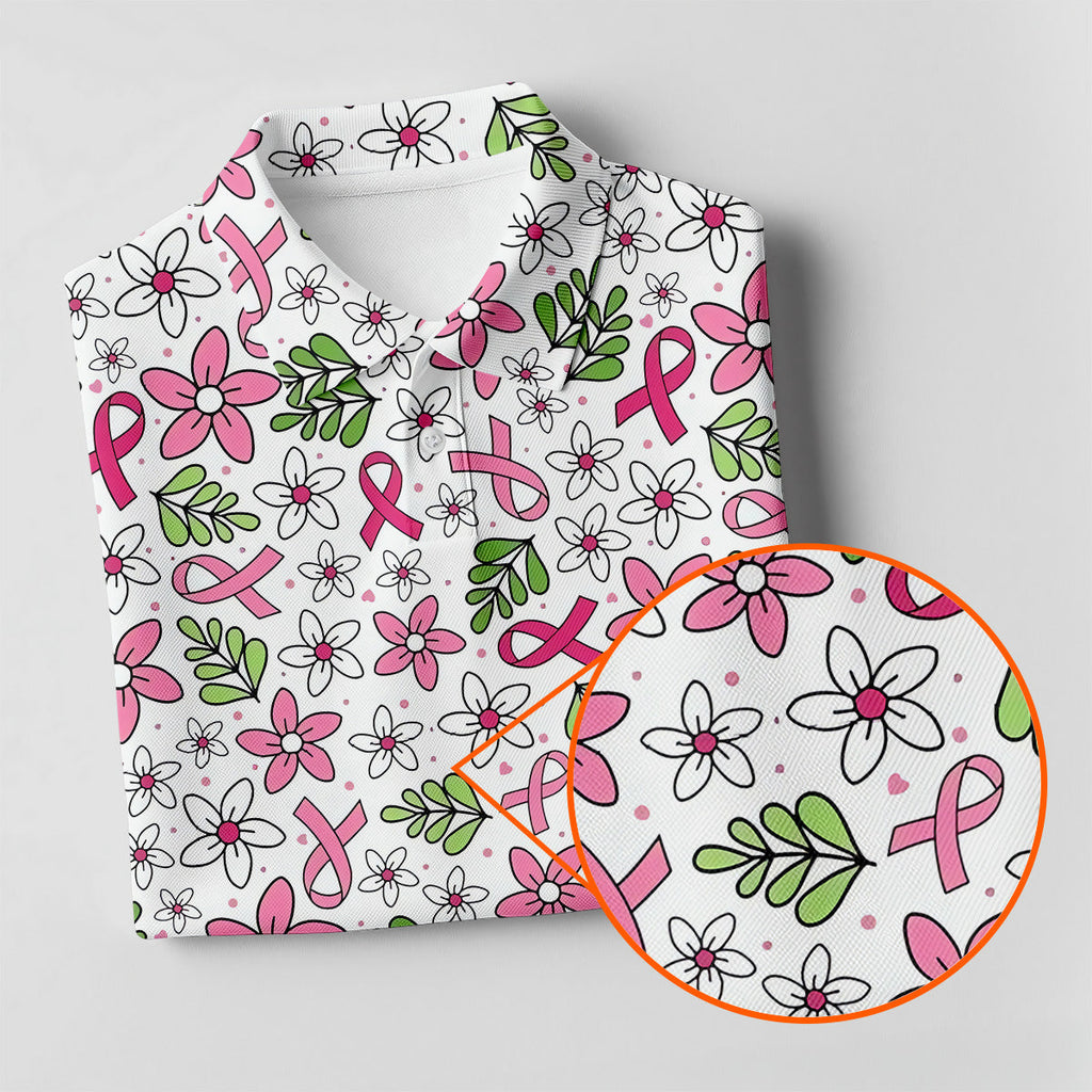 Breast Cancer Awareness Ribbon Floral Golf Shirt, Cancer Awareness Shirt, Ladies Golf Polos