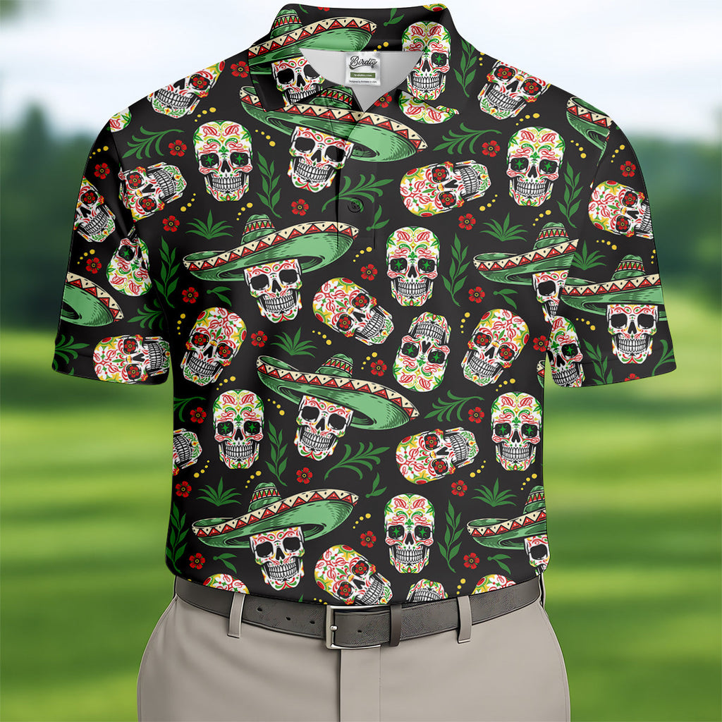 Skull Golf Shirt, Day Of The Dead Shirt, Mexican Floral Shirt, Men Polo, Unique Gift For Golfer