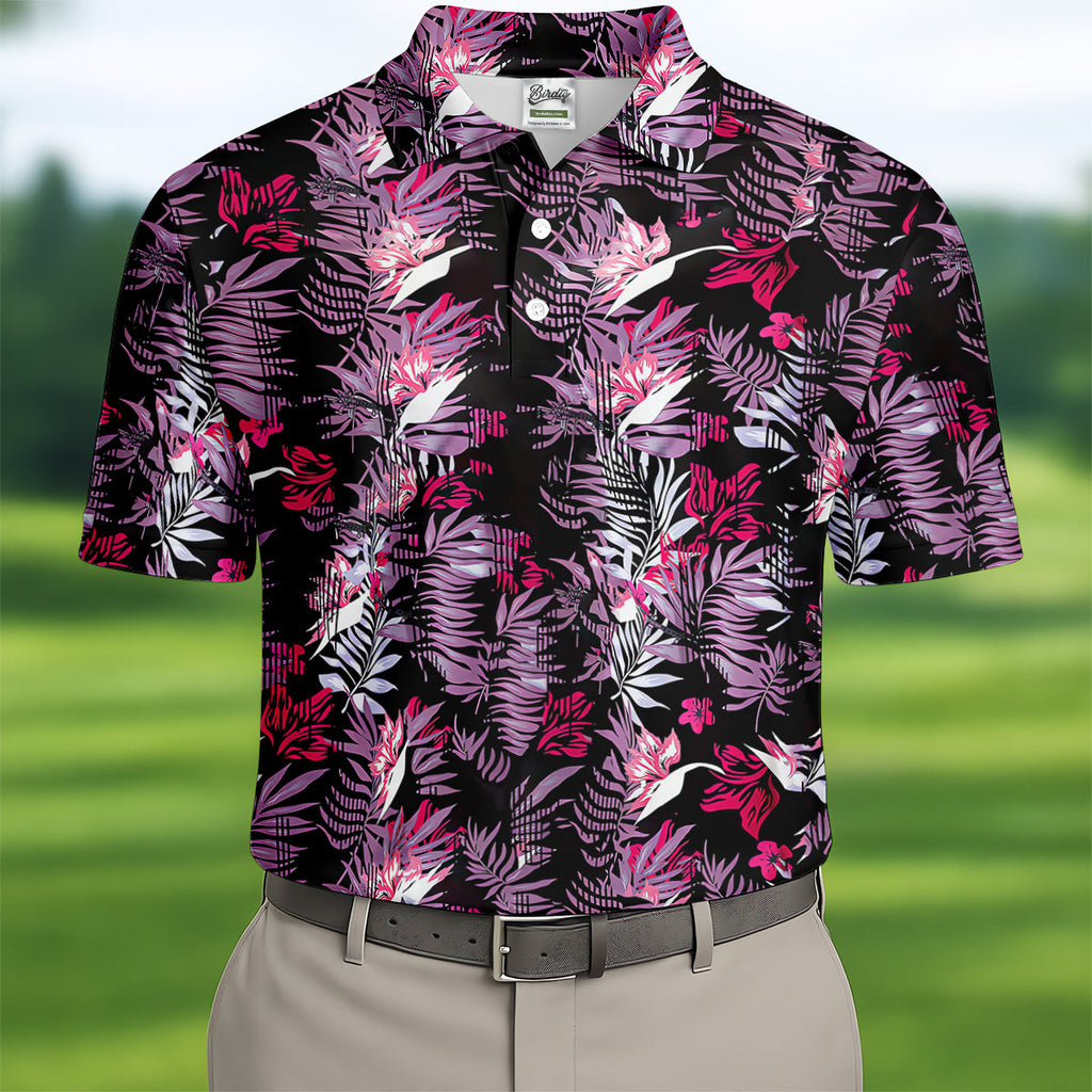Purple And Black Tropical Golf Shirts, Golf Tops For Men, Polo Shirts For Men, Golfing Apparel